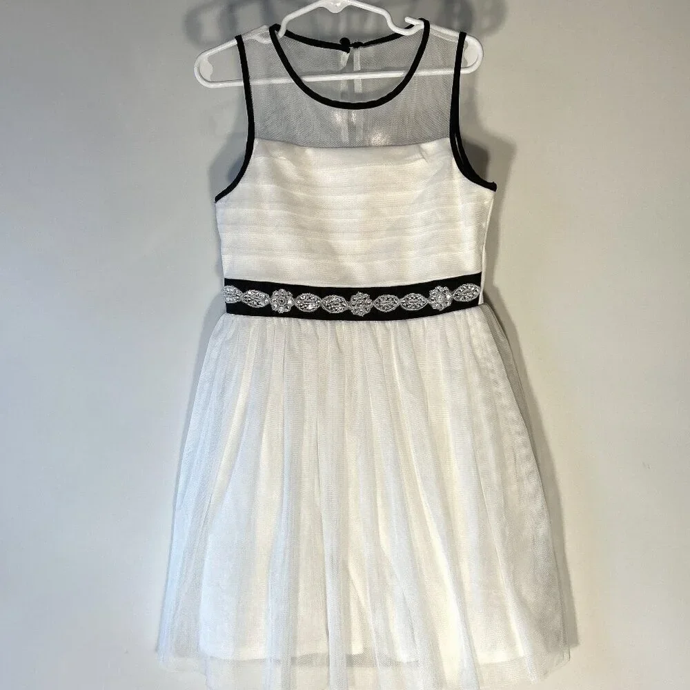 Sequin Hearts SZ8 White Sheer Mesh Overlay Dress w/Navy Wedding Dressy Formal